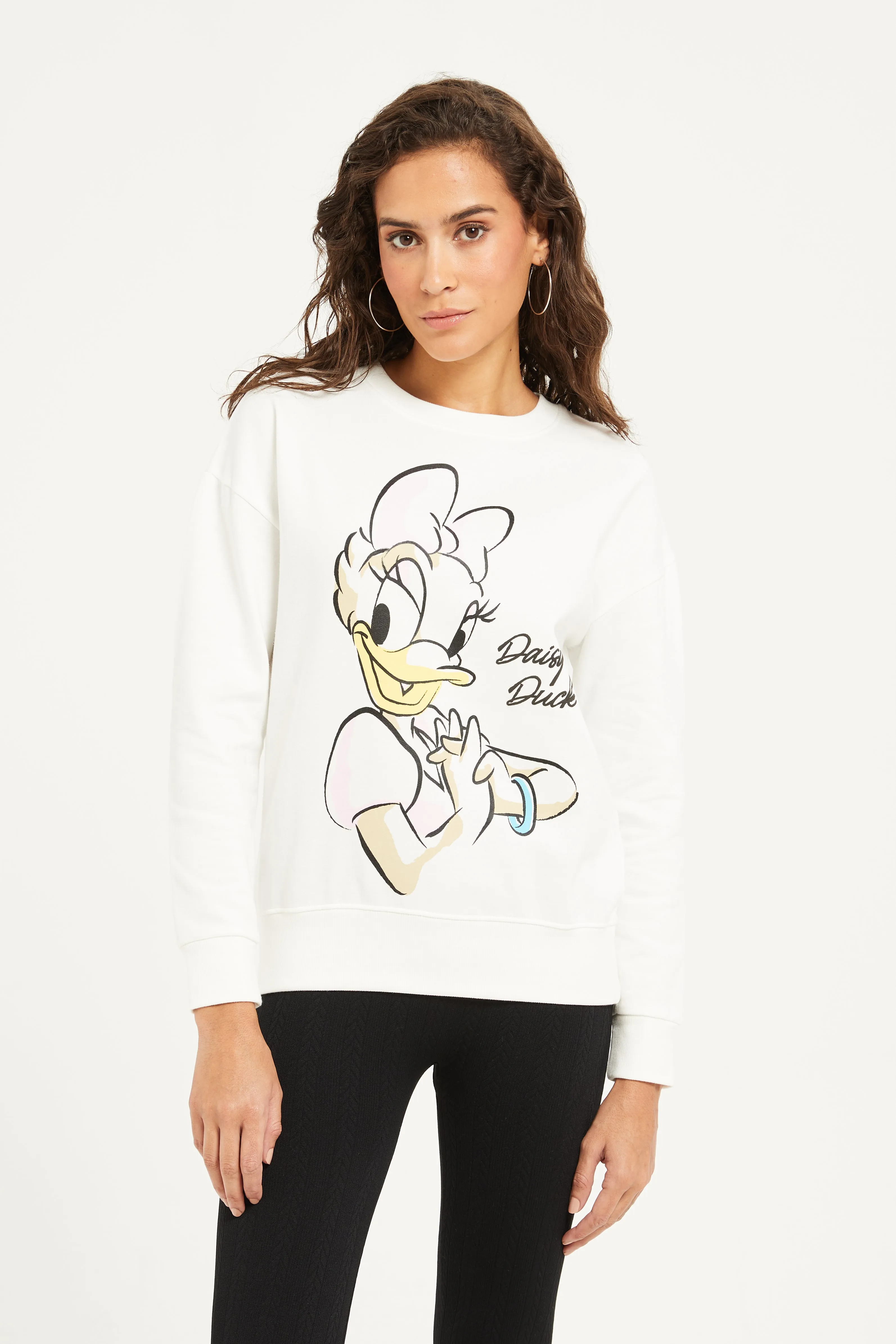 Women Cream Daisy Duck Printed Sweatshirt