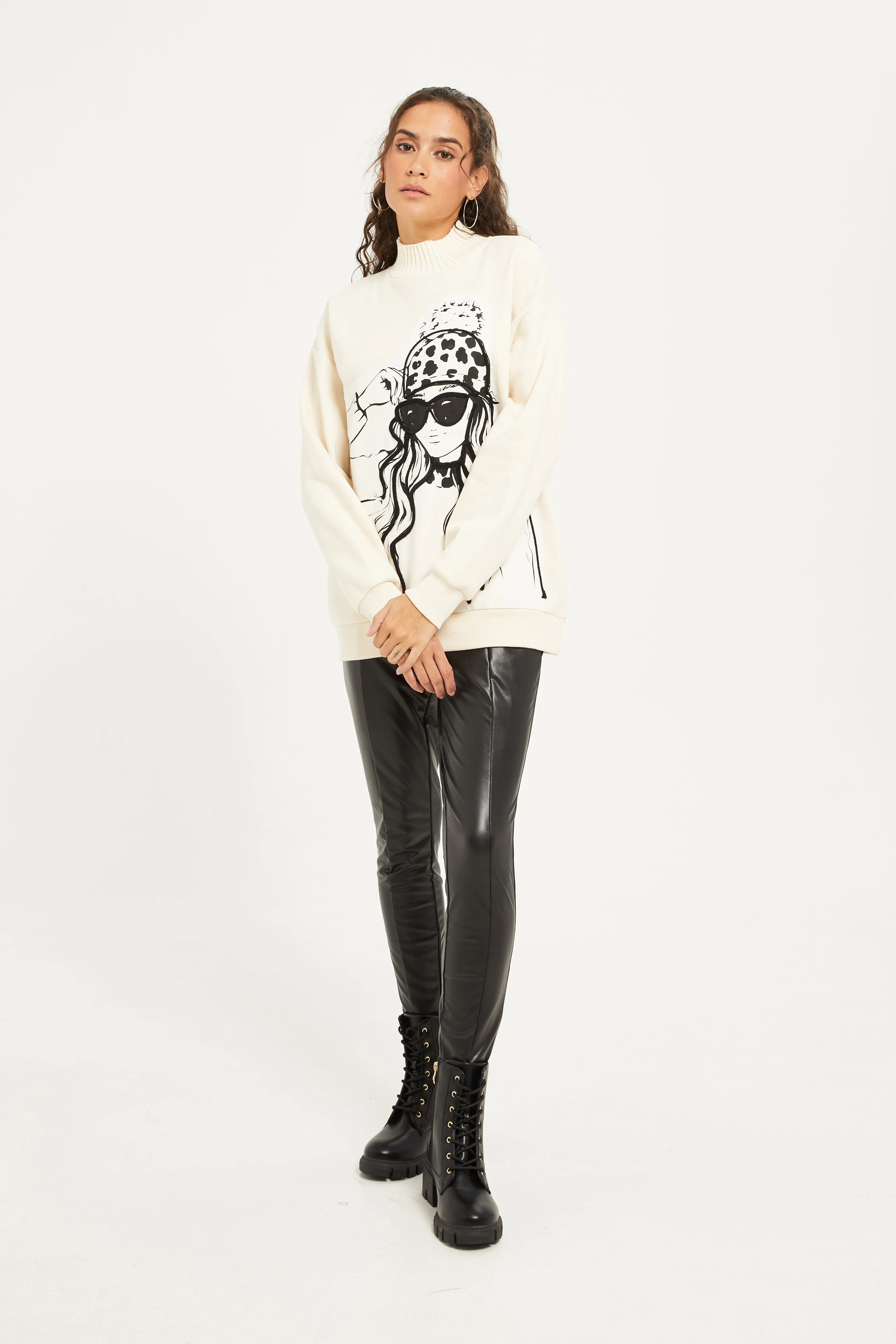 Women Cream Printed Sweatshirt