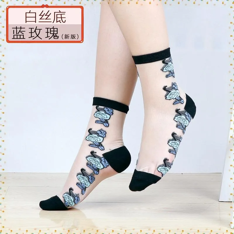 Women Mixed Fibre Lace Mesh Fishnet Transparent Socks