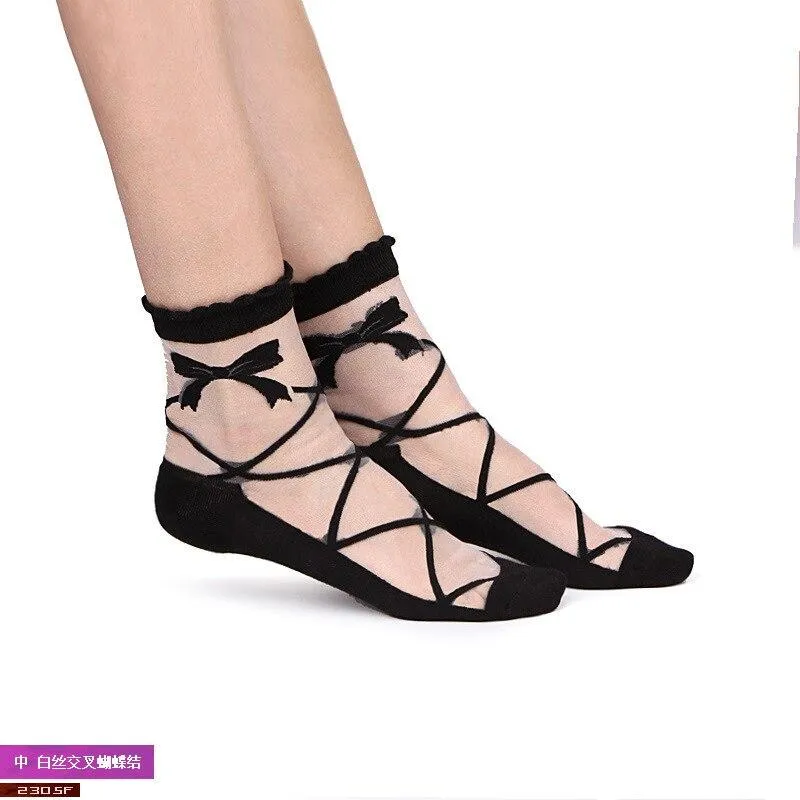 Women Mixed Fibre Lace Mesh Fishnet Transparent Socks