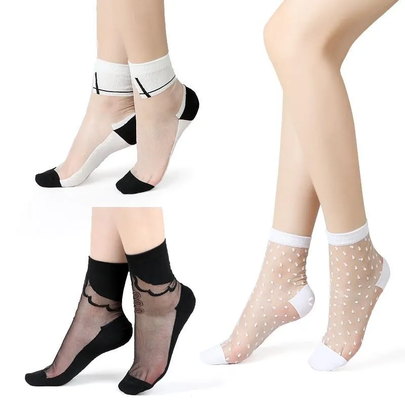 Women Mixed Fibre Lace Mesh Fishnet Transparent Socks