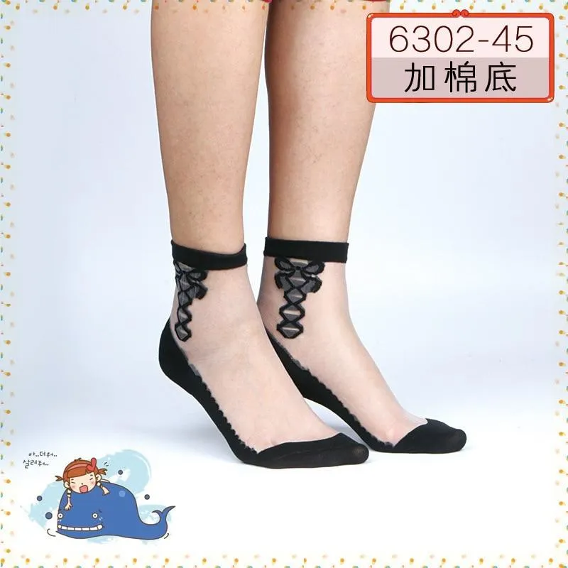 Women Mixed Fibre Lace Mesh Fishnet Transparent Socks