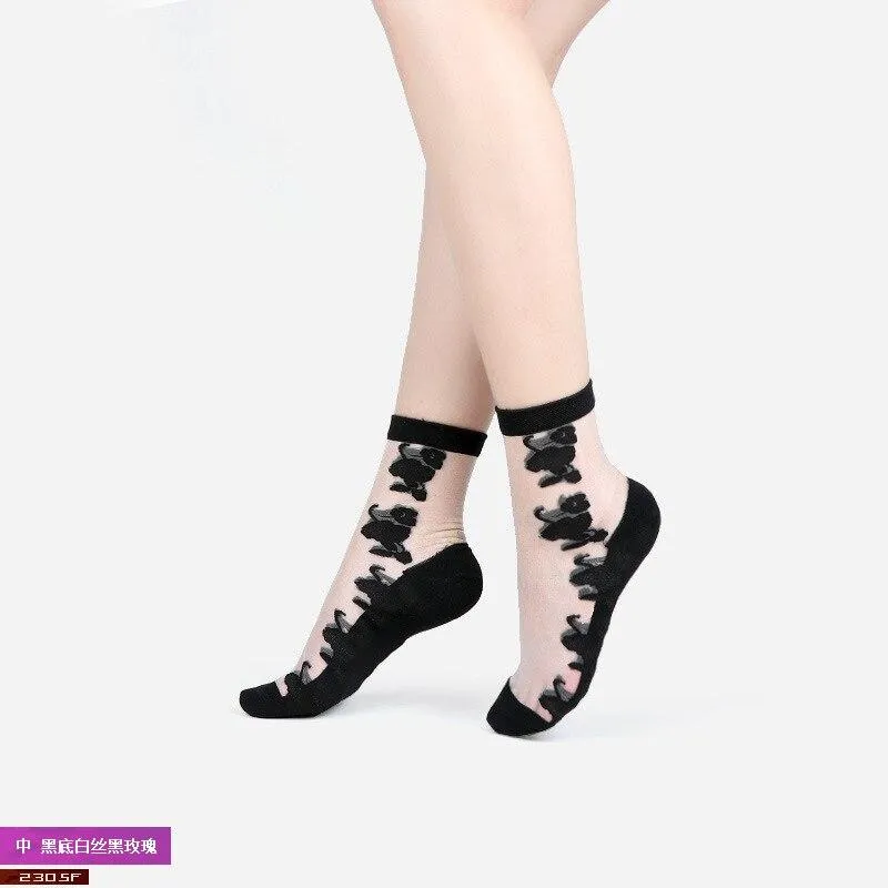 Women Mixed Fibre Lace Mesh Fishnet Transparent Socks