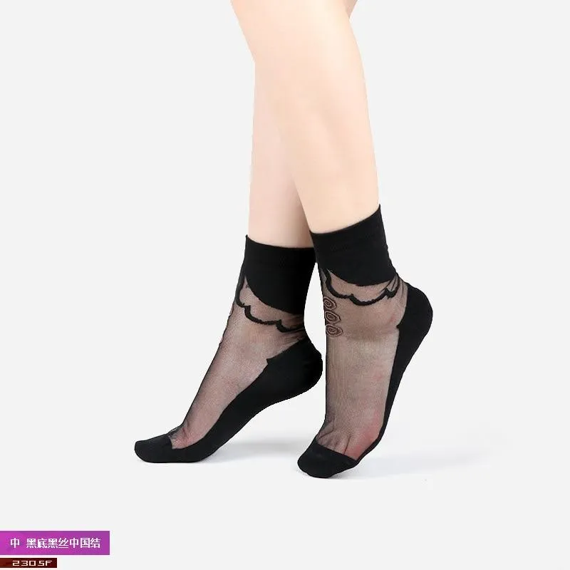 Women Mixed Fibre Lace Mesh Fishnet Transparent Socks