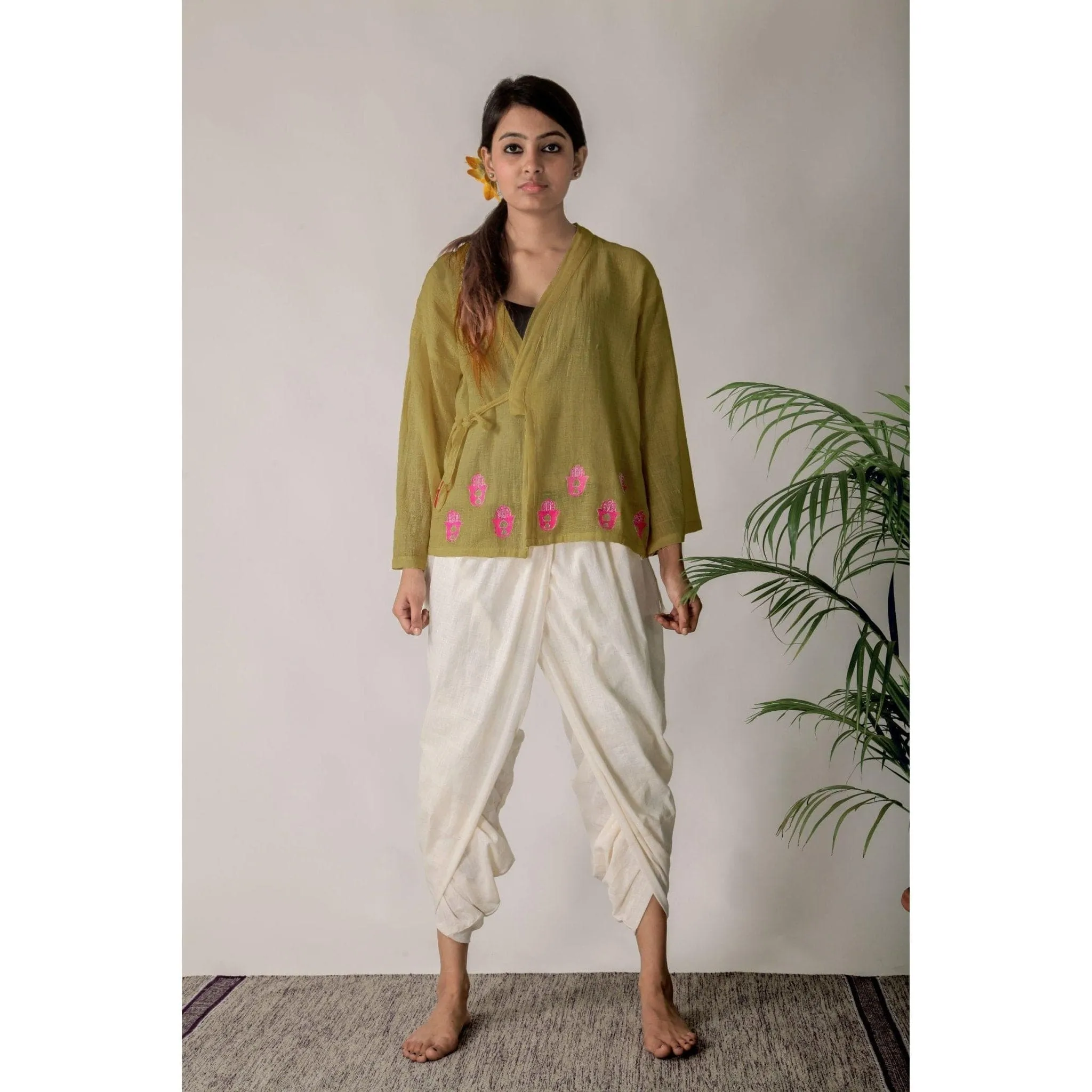 Women Olive Traditional Angharkha Top Set