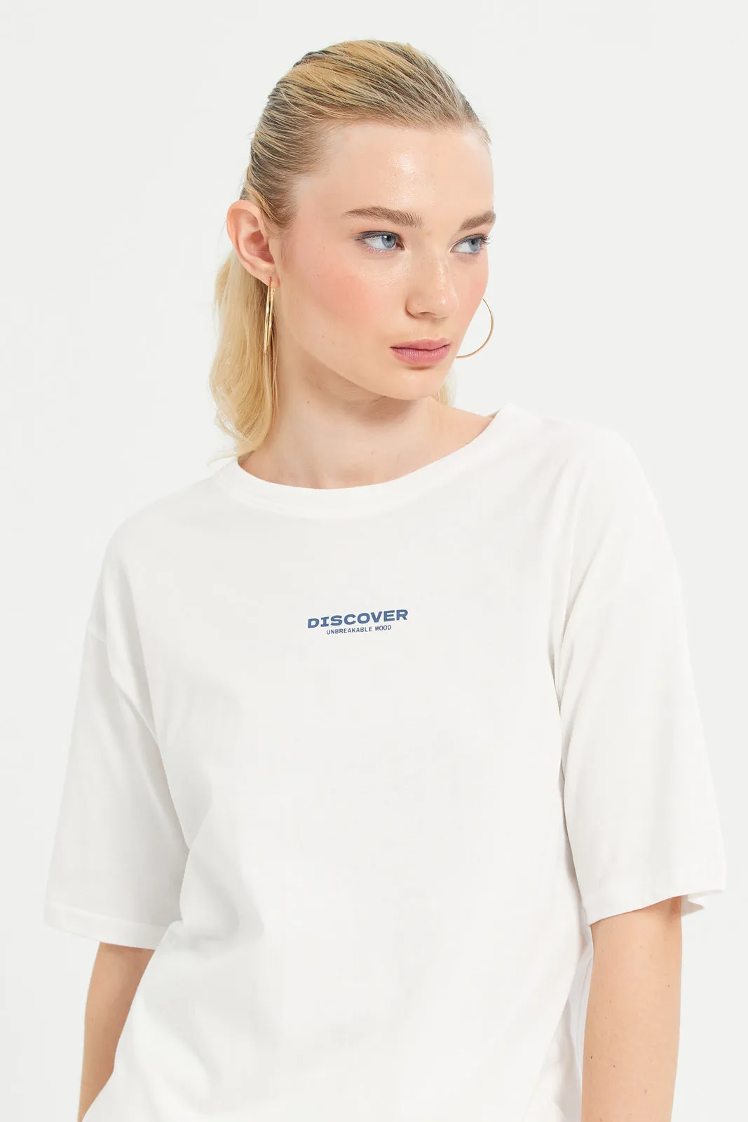 Women White Oversized Placement Print T-Shirt