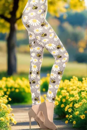 Womens Daisy Bee Leggings, Soft Yoga Pants, Sizes 0-22, No-Roll Waist, Gray/Yellow