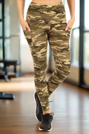 Womens Green Camouflage Pocket Leggings, Athletic Compression Yoga Pants, Sizes S/M/L/XL, Green/Brown