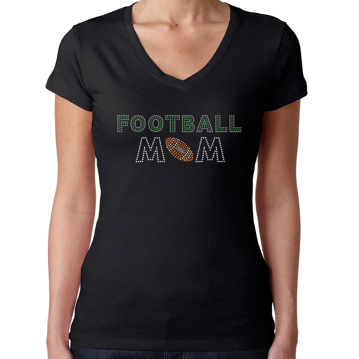 Womens T-Shirt Rhinestone Bling Black Fitted Tee Football Mom Green