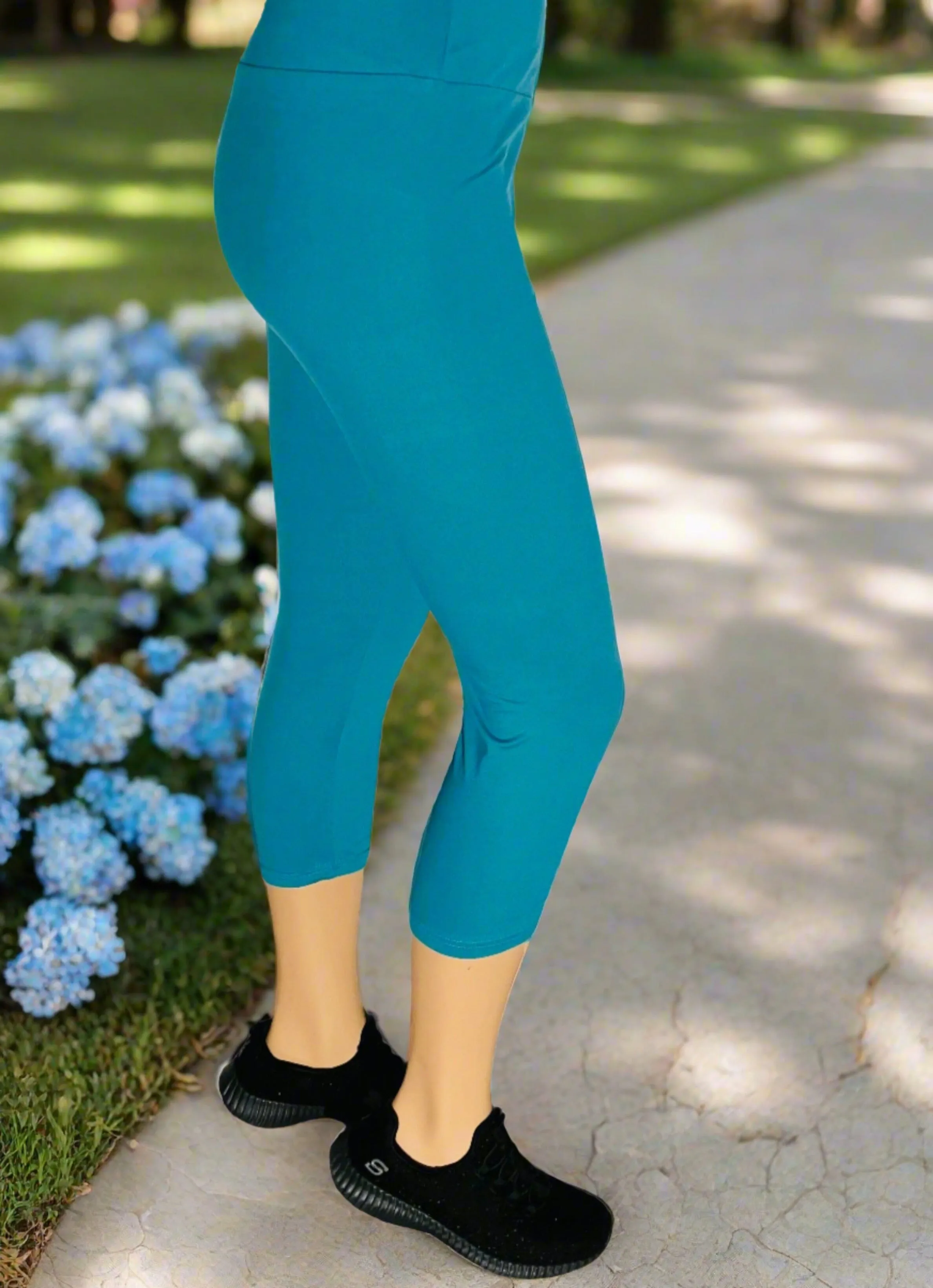 Womens Teal Blue Capri Leggings, Soft Yoga Pants, Sizes OS/TC, Yoga Waist, Exclusive Leggings